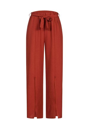 Hlače širokega kroja v rjavkasti barvi, z elastičnim pasom in vezalkami, dvema stranskima razporkoma ter lahkotnim, teksturiranim materialom.