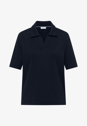 Polo nera a maniche corte con colletto aperto e senza bottoni, realizzata in tessuto liscio, con etichetta "CECIL" all'interno del colletto.