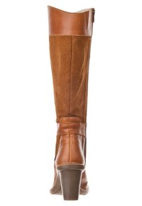 Botas marrones hasta la rodilla que combinan ante texturizado y cuero liso, con un borde curvado, cremallera lateral y tacón de bloque.