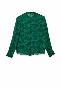 Grüne Bluse mit Blumenmuster, langen Ärmeln, Rundhalsausschnitt und Knopfmanschetten. Hergestellt aus leichtem, transparentem Stoff.