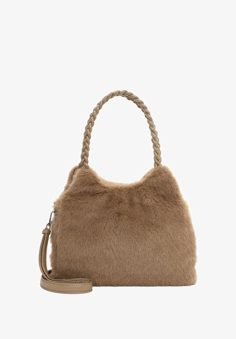 Faux-Fur-Handtasche in Hellbraun mit geflochtenem Griff und abnehmbarem Riemen. Weiche Textur, runde Form und keine sichtbaren Beschläge.