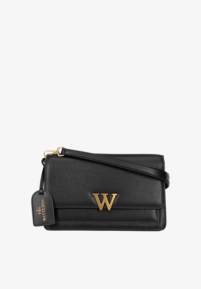 Borsa a tracolla nera in pelle con superficie testurizzata, hardware color oro e un evidente logo "W" dorato. Include un'etichetta in pelle con il marchio.