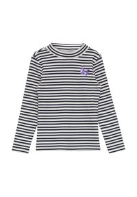 Langmouwshirt met marineblauwe en witte strepen, een ronde hals en een paarse glittervlinderapplicatie op de linkerborst.