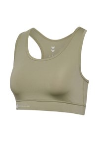 Oliwkowy sportowy biustonosz wykonany z elastycznej tkaniny, z dekoltem w kształcie litery U i tyłem typu racerback. Posiada miękką fakturę i subtelne logo na pasku.