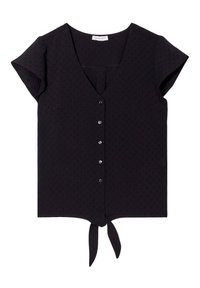 Schwarze kurzärmelige Bluse mit V-Ausschnitt, Knopfleiste vorne und einem Bindeband am Saum. Strukturierten Stoff mit einem dezenten Muster.