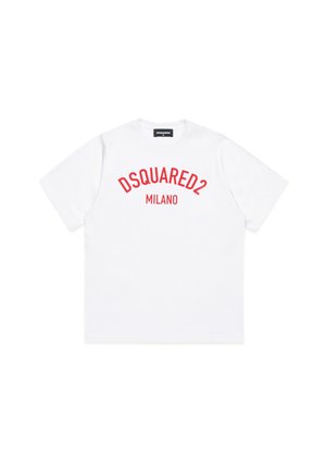 Hvid t-shirt med korte ærmer med rødt "DSQUARED2 MILANO" tekst buet foran, rund hals og mærke indeni kraven.