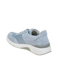 Light blue sneaker made of mesh and suede. Features a rounded toe, lace-up front, padded collar, and rubber sole with gray accents.