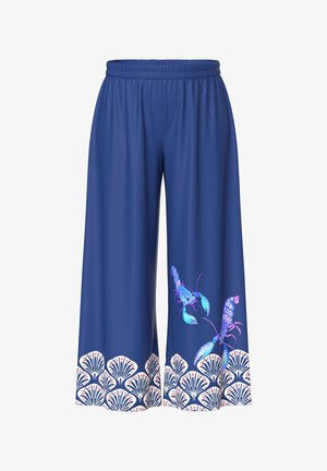 Modré široké kalhoty s elastickým pasem, zdobené barevnými potisky humrů a vlnkovým bílým vzorem na lemu.