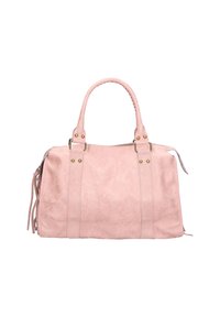 Sac à main en cuir synthétique rose avec poignées doubles, fermeture zippée et quincaillerie dorée. Présente des glands sur les côtés et une finition texturée.