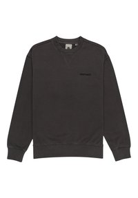 Dunkelgrauer Sweatshirt mit Rundhalsausschnitt, gerippten Bündchen und Saum, mit einem subtilen schwarzen Logo auf der Brust. Weiches, strukturiertes Material.