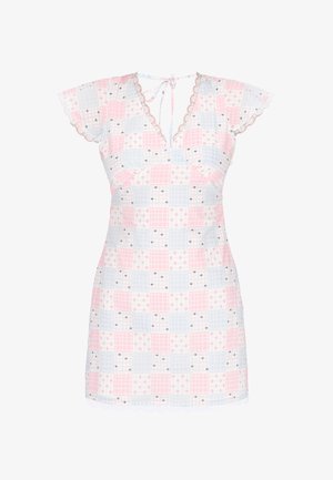 Rövid rózsaszín-fehér kockás ruha kis masni mintákkal, csipkés szegéllyel az ujjakon és a nyakkivágásnál, valamint hátul megköthető pánttal.