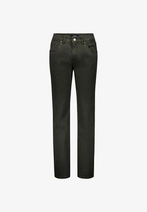 Schwarze Jeans mit geradem Bein, vorderen Taschen, Gürtelschlaufen und einem Metallknopfverschluss.