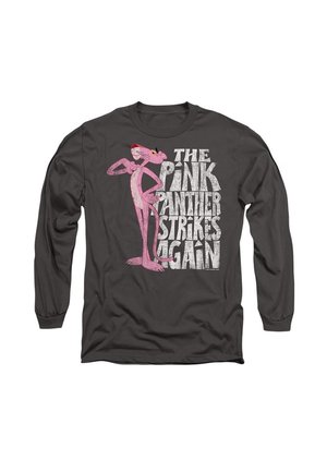Langarmshirt in Dunkelgrau mit einem pinkfarbenen Cartoon-Panther-Design und fettem weißen Text, der "DIE PINKE PANNE schlägt wieder zu" sagt.