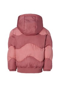 Gepolsterte Jacke in verschiedenen Rosa-Tönen mit Kapuze, versehen mit einem Wellenmuster und gerippten Bündchen. Glatte Textur mit glänzendem Finish.