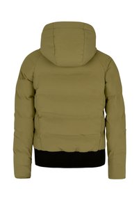 Olivgrüne Daunenjacke mit Kapuze, ausgestattet mit einem gerippten schwarzen Saum und glatter Textur. Maßgeschneiderte Passform mit umrandeten Nähten.