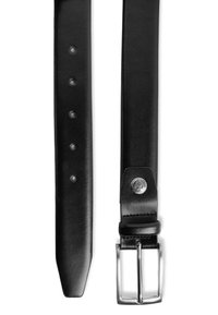 Schwarzer Leder-Gürtel mit glatter Textur, verfügt über fünf Verzahnungslöcher, eine silberne Metallschnalle und eine dekorative Hardware-Akzentuierung.