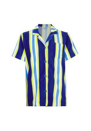 Koszula z krótkim rękawem na guziki z pionowymi paskami w kolorach granatowym, limonkowym, białym i jasnoniebieskim oraz kieszenią na piersi na białym tle.