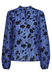 Blusa floreale blu con collo alto, motivo a fiori neri, maniche lunghe e a sbuffo, e bottoni al colletto. Tessuto leggero.