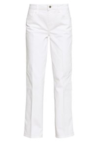 Pantaloni in denim bianco con design a gamba dritta, cinque tasche e chiusura con bottone. Presentano una leggera texture e dettagli di cucitura minimi.