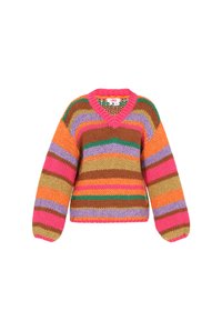 Sweter z wielokolorowym splotem, z dekoltem w serek, z wyraźnymi paskami w kolorach różowym, pomarańczowym, brązowym, zielonym i fioletowym. Bufiaste rękawy, luźny krój.