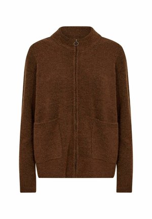Hnědý pletený cardigan s vysokým límcem, předním zipem a dvěma předními kapsami. Měkká textura a uvolněný střih.