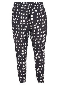 Pantaloni neri con un motivo irregolare a pennellate bianche, caratterizzati da una vita elasticizzata e dal design a gamba affusolata. Tessuto morbido e leggero.