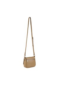 Borsa a tracolla color panna in pelle, dotata di una tasca con zip, tracolla regolabile e una texture liscia con angoli arrotondati.