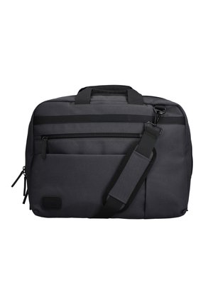 Sacoche pour ordinateur portable gris foncé avec plusieurs compartiments zippés, bandoulière noire et poignées de transport rembourrées, présentée sur fond blanc.