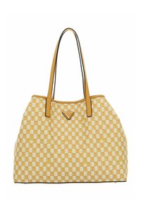 Borsa a spalla a quadri gialli con rifiniture nere e doppi manici. Presenta un logo triangolare sul davanti e un design strutturato.