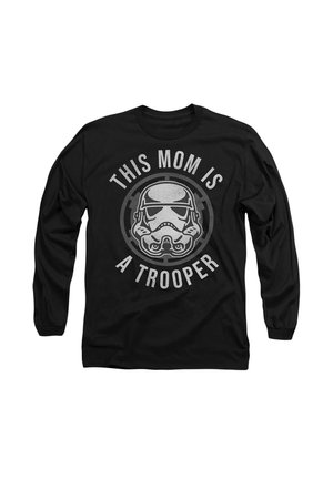 Black long-sleeve t-shirt featuring a stormtrooper helmet graphic with "THIS MOM IS A TROOPER" text in silver around it. Cotton material.