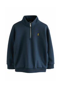 Pull en polaire bleu marine avec un col haut, une fermeture éclair sur la moitié et un logo de homard jaune sur la poitrine. Il présente des poignets et un ourlet côtelés.