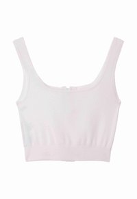 Top cropped bianco con spalline larghe, texture a coste e design fitted senza cuciture. Presenta una chiusura a gancio sul retro.