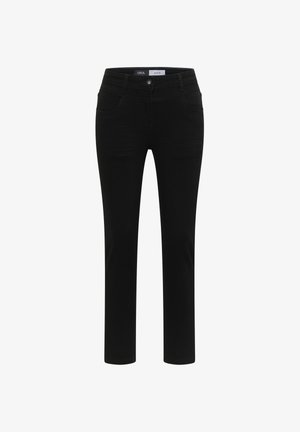 Pantaloni in denim nero con una vestibilità slim, dotati di due tasche anteriori e chiusura con zip. Texture liscia e colore uniforme in tutto il capo.