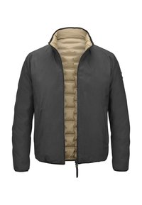 Herrenjacke mit einem dunkelgrauen Außenmaterial aus strukturiertem Stoff, einem hellbeigen gepolsterten Innenfutter und einem Stehkragen. Vollständiger Reißverschluss vorne.