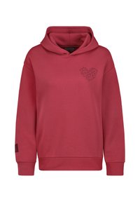 Roter Kapuzenpullover aus weichem Material, mit großer Kapuze, langen Ärmeln und einem herzförmigen Grafikdesign mit Text auf der linken Brustseite.