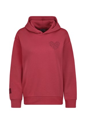 Roter Kapuzenpullover aus weichem Material, mit großer Kapuze, langen Ärmeln und einem herzförmigen Grafikdesign mit Text auf der linken Brustseite.