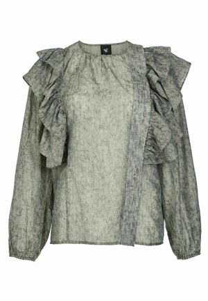 Button-up blouse in muted gray with ruffled accents on shoulders. Made from lightweight, crinkled fabric; long sleeves with elastic cuffs.