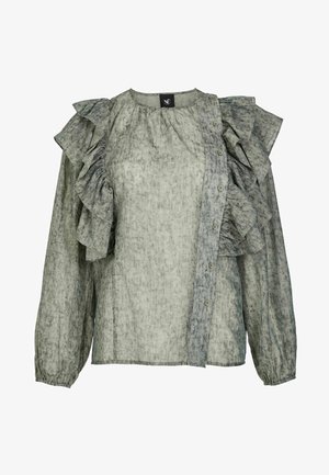 Button-up blouse in muted gray with ruffled accents on shoulders. Made from lightweight, crinkled fabric; long sleeves with elastic cuffs.