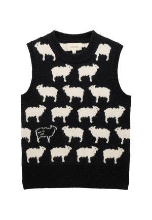 Black sleeveless sweater featuring a pattern of white sheep, with one black sheep displaying the text "What the flock." Soft, textured material.