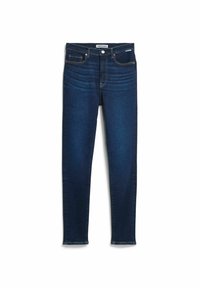 Dunkelblaue Denim-Jeans mit figurbetontem Schnitt, ausgestattet mit fünf Taschen, Standard-Gürtelschlaufen und kontrastierenden Nähten. Durchgehend glatte Textur.