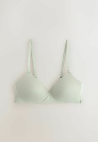 Lysegrøn, BH i glat stof med tynde justerbare stropper, let polstrede skåle og uden synlige udsmykninger på en ensfarvet baggrund.