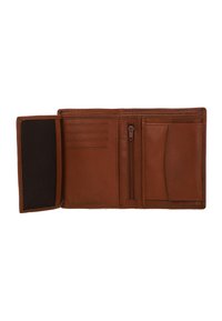 Pruun nahast rahakott, millel on mitmed kaarditaskud, lukuga sektsioon ja sile tekstuur. Siseosa koosneb kontrastsetest mustadest voodritest.