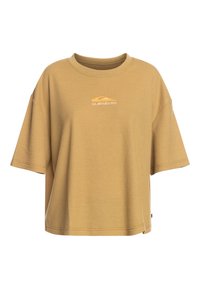 Kortärmad, senapsgul ribbad T-shirt med rund halsringning och en liten logotyp på bröstet, med en boxig, avslappnad passform.