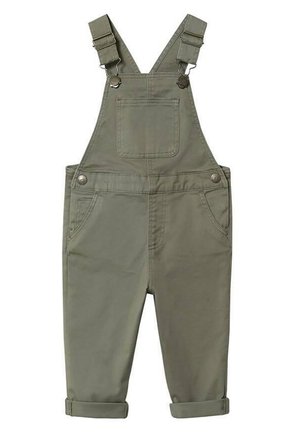 Olivově zelené bavlněné kalhoty na kšandy s nastavitelnými popruhy, přední kapsou, dvěma bočními kapsami a ohrnutými lemy u kotníků.