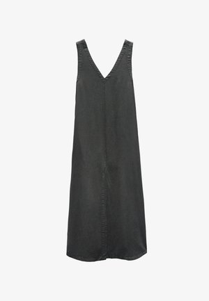 Bez rękawów ciemnoszara sukienka midi z dekoltem w serek i centralnym szwem, wykonana z miękkiego, teksturowanego materiału.