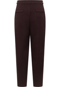 Brown tailored pants with a textured fabric, featuring a straight leg design, two back pockets, and a standard waistband.