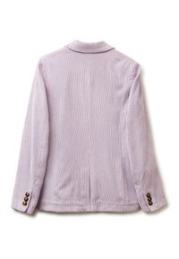 Lichtpaarse corduroy blazer met een notch-kraag, lange mouwen en drie decoratieve bruine knopen op elke mouw.