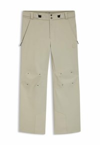 Beżowe spodnie outdoorowe wykonane z wytrzymałej tkaniny, z prostym krojem nogawek, wieloma kieszeniami oraz wzmocnionymi kolanami.