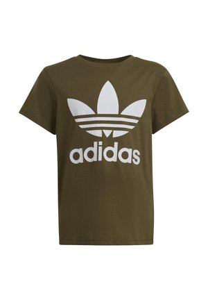 Oliwkowo zielona koszulka z krótkim rękawem z dużym białym logo Adidas trefoil i napisem "adidas" na środku z przodu.