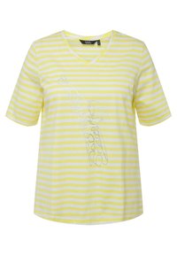 Camiseta de manga corta a rayas amarillas y blancas con escote en V y un diseño gráfico metálico. Fabricada en tejido suave y transpirable.